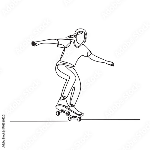 Single continuous line Art drawing young cool skateboarder woman riding skateboard and doing jump trick in skate park. with white background