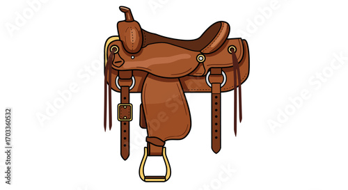 Cartoon Style Brown Leather Western Saddle Illustration.
