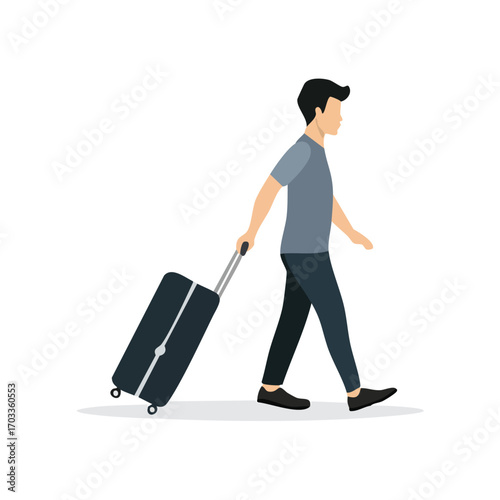 A young man walks confidently, pulling a wheeled suitcase behind him, suggesting travel or departure.