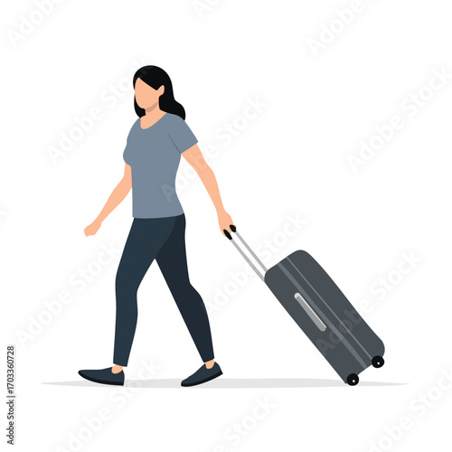 Woman traveler pulling wheeled suitcase, walking confidently towards destination.