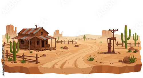 Desert Landscape with Old Wooden House and Water Pump.