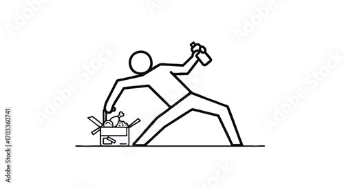 Minimalist line art icon of a person rummaging through a box of trash, a symbol for poverty, recycling, social issues, and survival