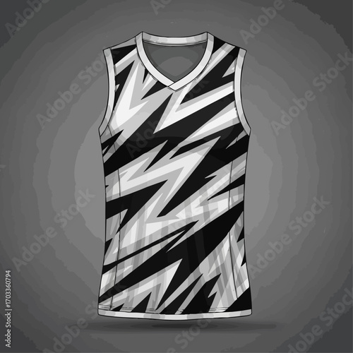 Sleeveless sports jersey with a dynamic black and white abstract pattern.