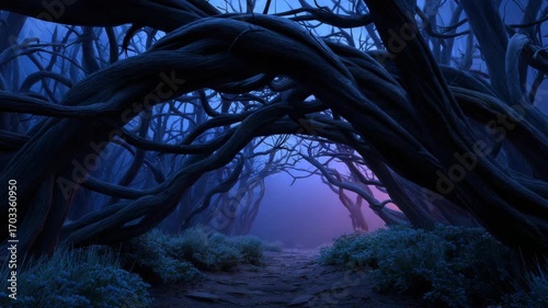Dark twisted tree branches form mysterious tunnel over foggy forest path with blue and purple light creating eerie and enchanting atmosphere under deep twilight sky
