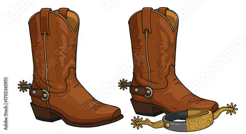 Pair of Brown Leather Cowboy Boots with Spurs Illustration.