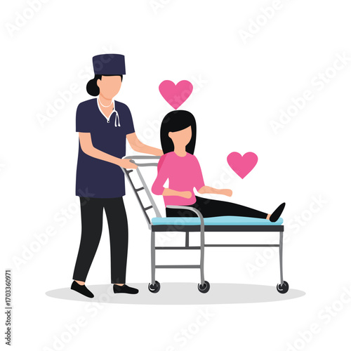 Nurse compassionately assists a patient on a gurney, conveying care and support.