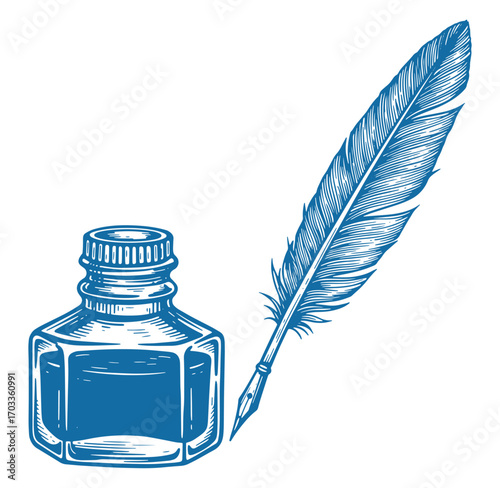 Elegant blue inkwell and feather pen illustration depicting classic writing equipment
