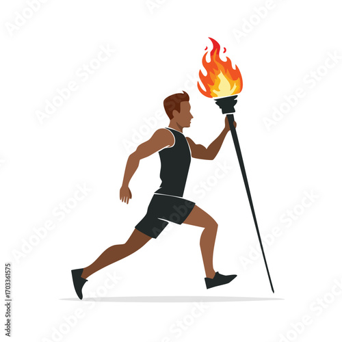 An athletic figure runs, carrying a flaming torch, symbolizing competition and achievement.