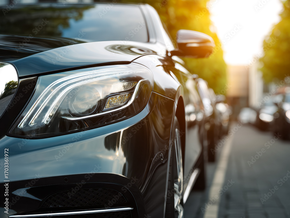 Fototapeta premium Modern luxury black sedan parked on city street during sunset
