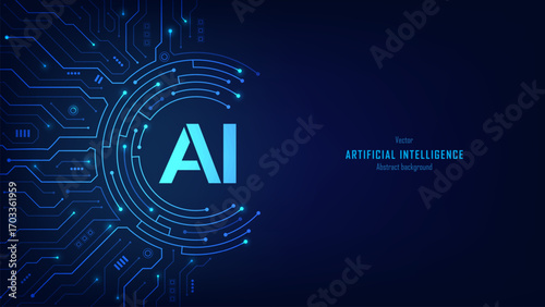 Concept of artificial intelligence. AI logo on a futuristic circuit motherboard background. Chatbot assistant. Modern innovation, engineering, machine learning, neural networks. Vector illustration.