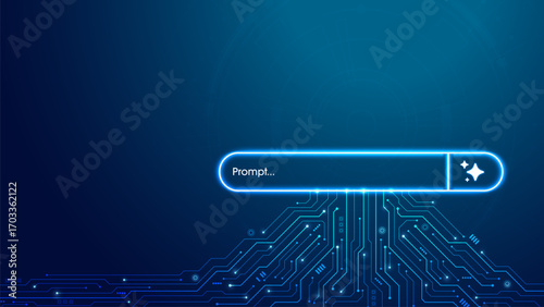 Concept of AI generate a prompt. Generative and search bar on futuristic circuit motherboard. Artificial intelligence technology for digital content and automated data transformation. Vector.