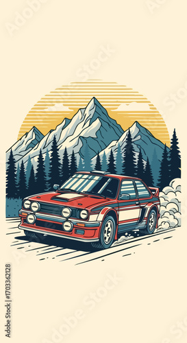 Classic Red Rally Car in Action Vector Illustration.