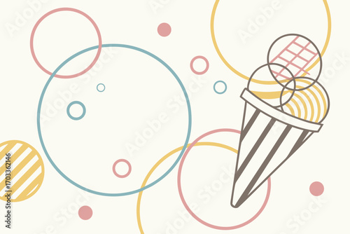 Pastel ice cream cone with abstract circles and dots