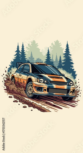 High Speed Rally Car Drifting on a Muddy Off Road Track Illustration.