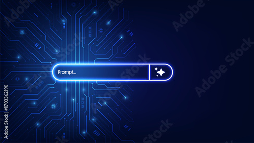 Concept of AI generate a prompt. Generative and search bar on futuristic circuit motherboard. Artificial intelligence technology for digital content and automated data transformation. Vector.