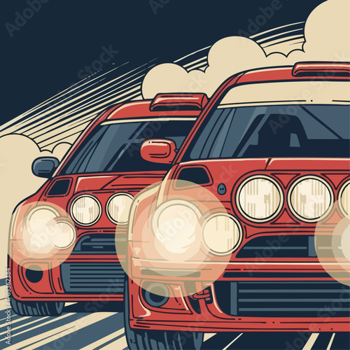 Red rally cars racing on a track with bright headlights and speed.