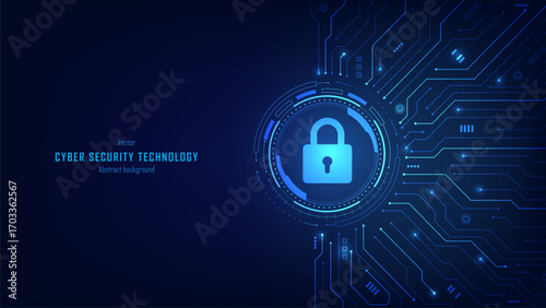 Concept of cybersecurity and data protection. Padlock on a futuristic circuit background. Data privacy and internet security. Modern secure technology innovation background. Vector illustration.