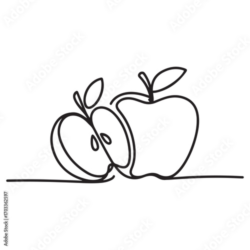 One continuous line Art drawing sliced and whole healthy apples organic for orchard logo. Fresh tropical fruitage concept for fruit garden icon. with white background