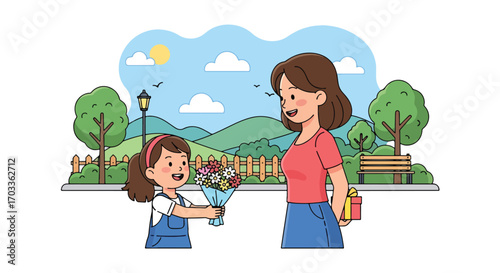 Adobe illustrator artwork vector illustration of a heartwarming moment between a mother and daughter in a park. The little girl offers a bouquet of flowers as a gift for her mom's birthday 