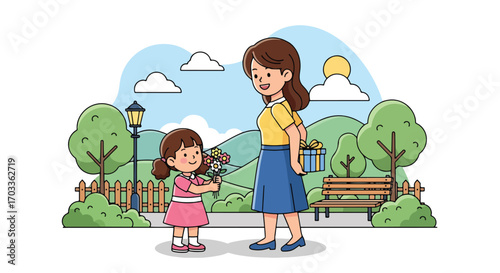 Adobe illustrator artwork vector illustration of a heartwarming moment between a mother and daughter in a park. The little girl offers a bouquet of flowers as a gift for her mom's birthday 