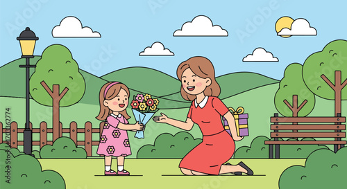 Adobe illustrator artwork vector illustration of a heartwarming moment between a mother and daughter in a park. The little girl offers a bouquet of flowers as a gift for her mom's birthday 