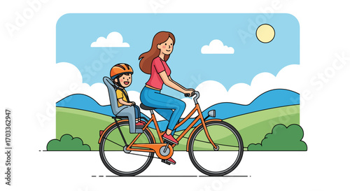 Adobe illustrator artwork vector illustration of a happy mother and child enjoying a leisurely bike ride outdoors. The mom cycles with her son securely seated in a child seat, emphasizing family fun 