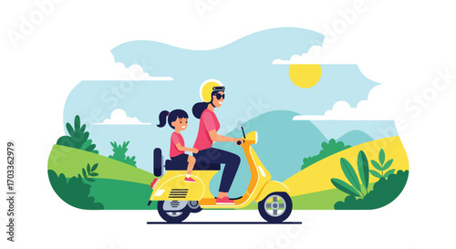 Adobe illustrator artwork vector illustration of a mother and daughter happily riding a scooter through a scenic landscape. Both wear helmets for safety, enjoying an outdoor adventure