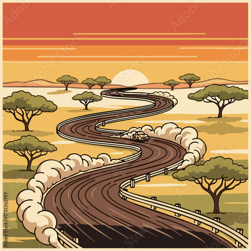 A car driving on a winding road through the African savanna at sunset.