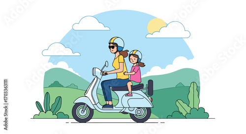 Adobe illustrator artwork vector illustration of a mother and daughter happily riding a scooter through a scenic landscape. Both wear helmets for safety, enjoying an outdoor adventure
