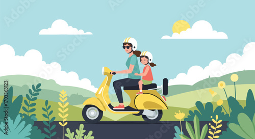 Adobe illustrator artwork vector illustration of a mother and daughter happily riding a scooter through a scenic landscape. Both wear helmets for safety, enjoying an outdoor adventure