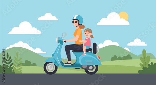 Adobe illustrator artwork vector illustration of a mother and daughter happily riding a scooter through a scenic landscape. Both wear helmets for safety, enjoying an outdoor adventure