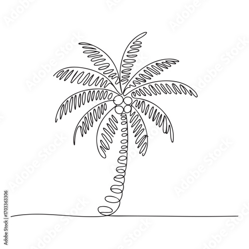 Single continuous line Art drawing coco nucifera. Decorative coconut palm tree concept for wall decor poster print art and travel vacation. with white background