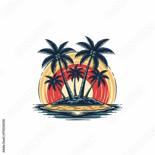 Tropical Island with Palm Trees at Sunset.