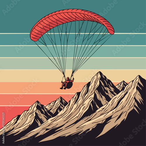 Person paragliding over majestic mountains during sunset adventure.