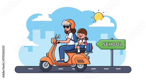 Adobe illustrator artwork vector illustration of a mother taking her daughter to school on a scooter. Both wear helmets, emphasizing safety and daily commute, with a cityscape background and "SCHOOL" 