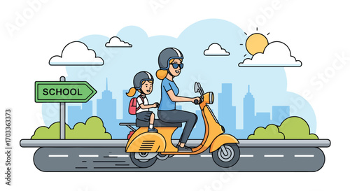 Adobe illustrator artwork vector illustration of a mother taking her daughter to school on a scooter. Both wear helmets, emphasizing safety and daily commute, with a cityscape background and "SCHOOL" 