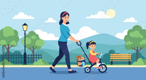 Adobe illustrator artwork vector illustration of a mother and daughter enjoying a sunny day in the park. The mom helps her little girl ride a tricycle, highlighting a nurturing family bond and outdoor
