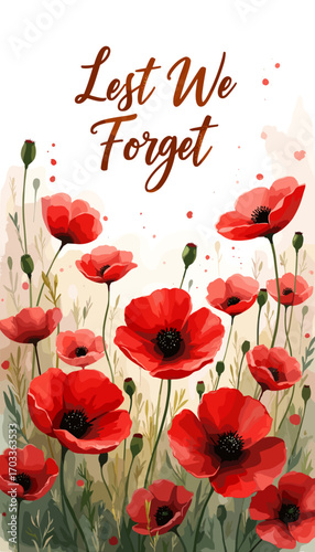 Remembrance Day banner, Remembrance Day poster, Lest We Forget banner, poppy flower design, Armistice Day poster, Veterans Day banner, memorial day remembrance, red poppy poster, military tribute bann