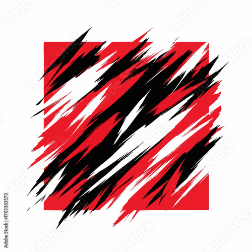 Abstract red and black brush strokes on a square background.