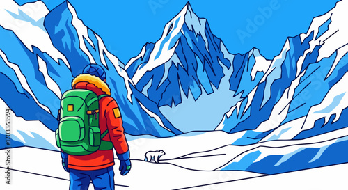 Adventurous hiker with backpack exploring snowy mountain landscape.