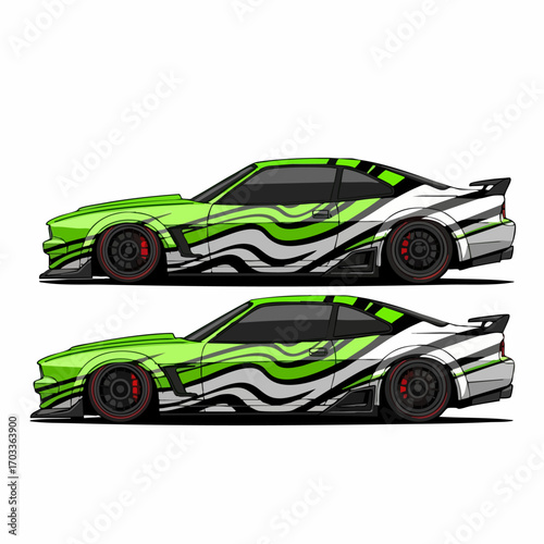 Two green and white custom sports cars with black wheels and spoilers.