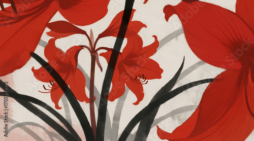 Silhouette of red leaf amaryllis, simplified lines and white space