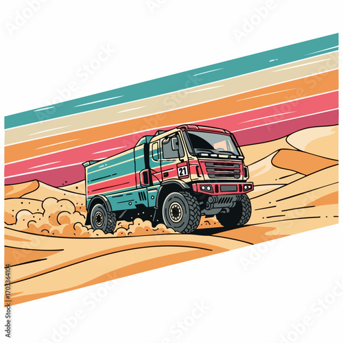 Heavy duty rally raid truck competing in a desert race.