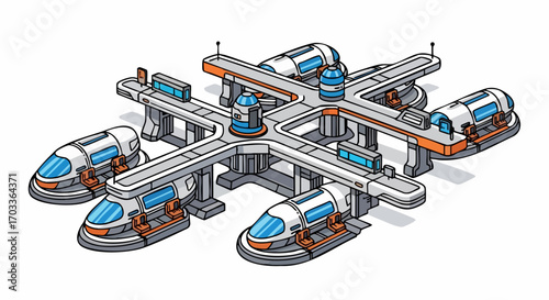 Futuristic Space Station Hub with Pods and Transport Systems.