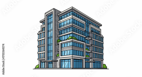 Modern Office Building with Glass Facade and Balconies.