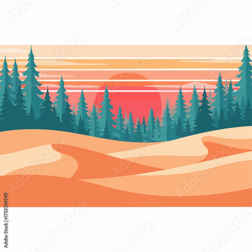 Desert landscape with sand dunes and evergreen trees under sunset sky.
