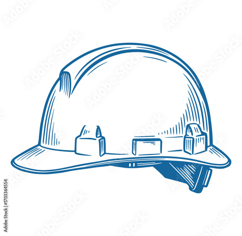 Hand drawn blue engineering construction helmet safety equipment illustration on white background