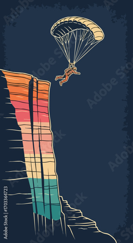 Person skydiving from a cliff with a colorful parachute.