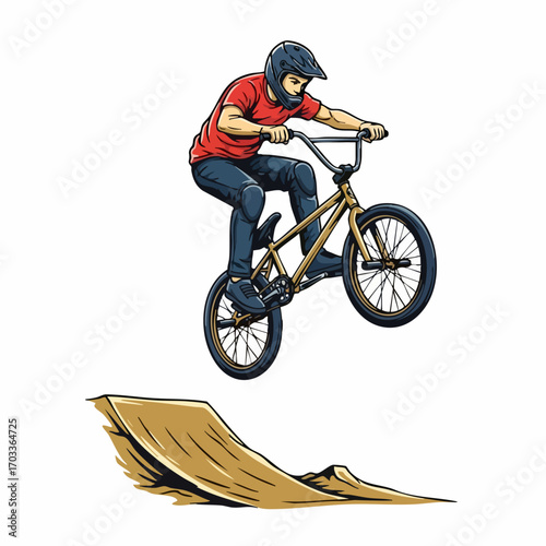 A person performing a bicycle jump stunt.