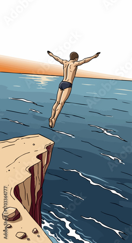 Athletic man in swimming trunks jumping from a high cliff.